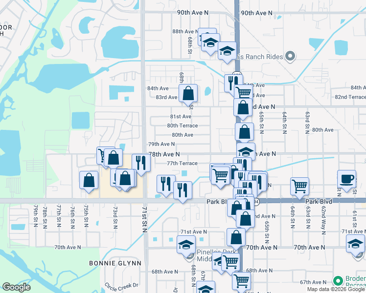map of restaurants, bars, coffee shops, grocery stores, and more near 6864 79th Avenue North in Pinellas Park