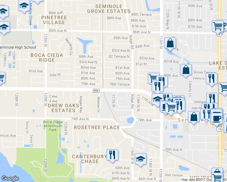 map of restaurants, bars, coffee shops, grocery stores, and more near 11922 117th Street in Seminole