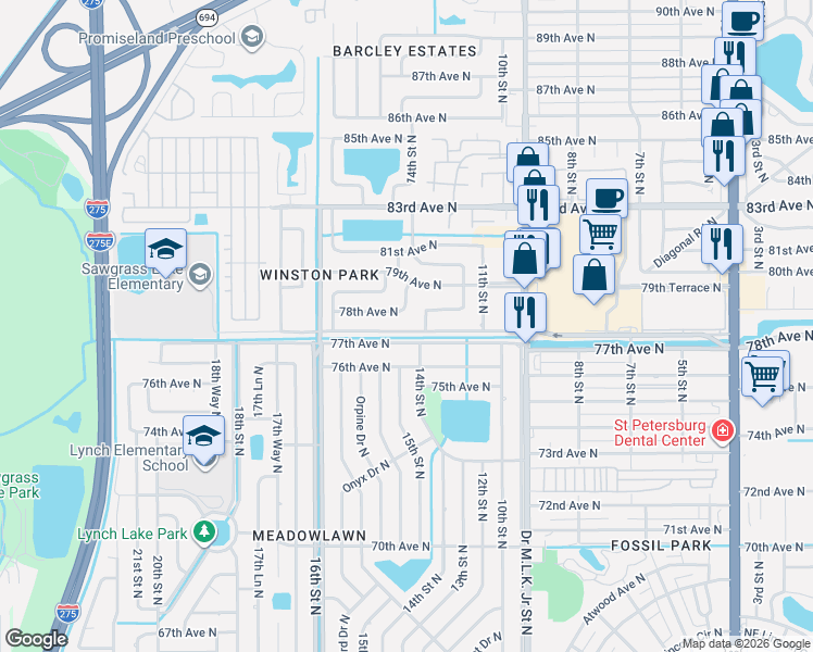 map of restaurants, bars, coffee shops, grocery stores, and more near 1417 77th Avenue North in St. Petersburg