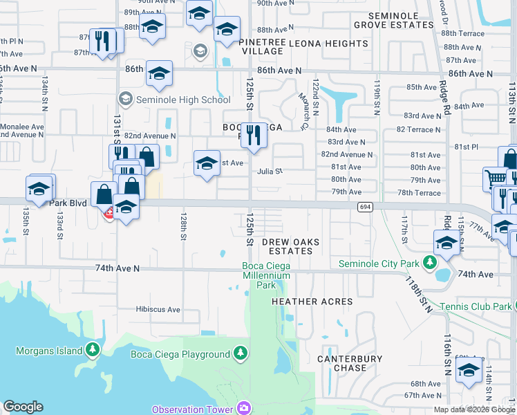 map of restaurants, bars, coffee shops, grocery stores, and more near 12400 Park Boulevard in Seminole