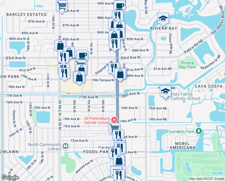 map of restaurants, bars, coffee shops, grocery stores, and more near 15727 77th Avenue North in St. Petersburg