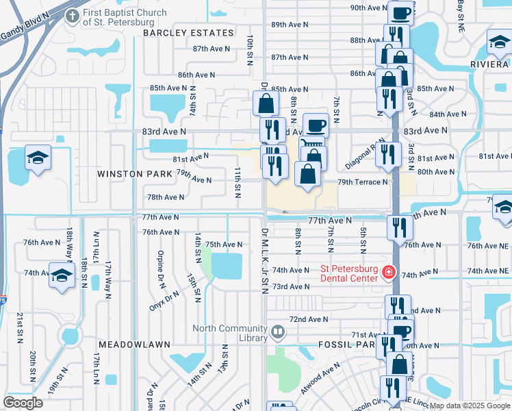 map of restaurants, bars, coffee shops, grocery stores, and more near 7690 Marginal Access Road in St. Petersburg