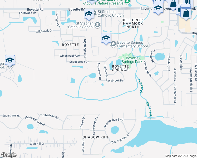 map of restaurants, bars, coffee shops, grocery stores, and more near 12913 Raysbrook Drive in Riverview