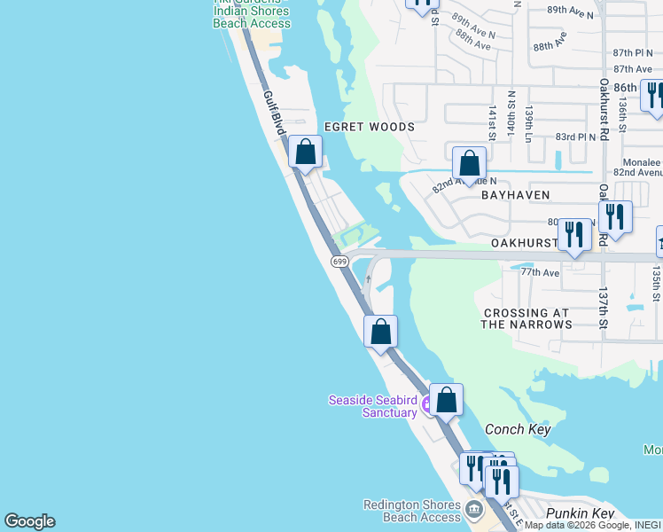 map of restaurants, bars, coffee shops, grocery stores, and more near 19000 Gulf Boulevard in Indian Shores