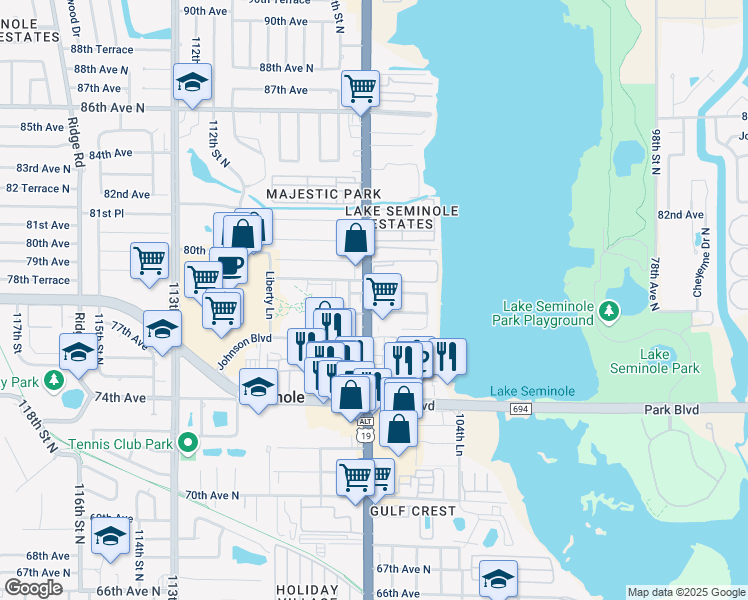 map of restaurants, bars, coffee shops, grocery stores, and more near 10673 Lake Vista Drive in Seminole