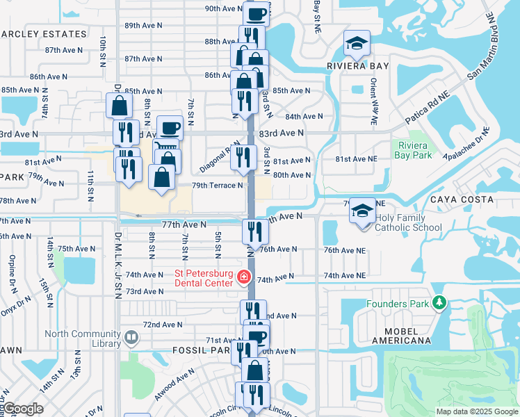 map of restaurants, bars, coffee shops, grocery stores, and more near 350 79th Avenue North in St. Petersburg