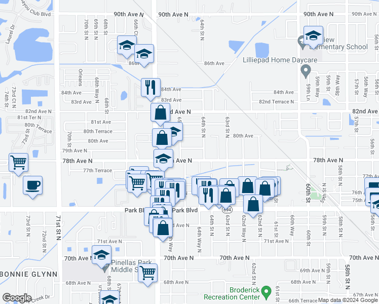 map of restaurants, bars, coffee shops, grocery stores, and more near 6458 79th Avenue North in Pinellas Park
