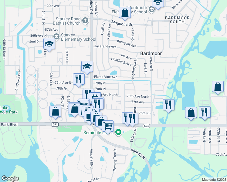 map of restaurants, bars, coffee shops, grocery stores, and more near 8672 78th Place in Seminole