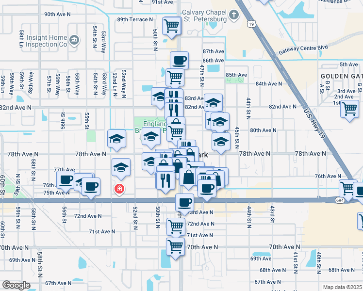 map of restaurants, bars, coffee shops, grocery stores, and more near in Pinellas Park