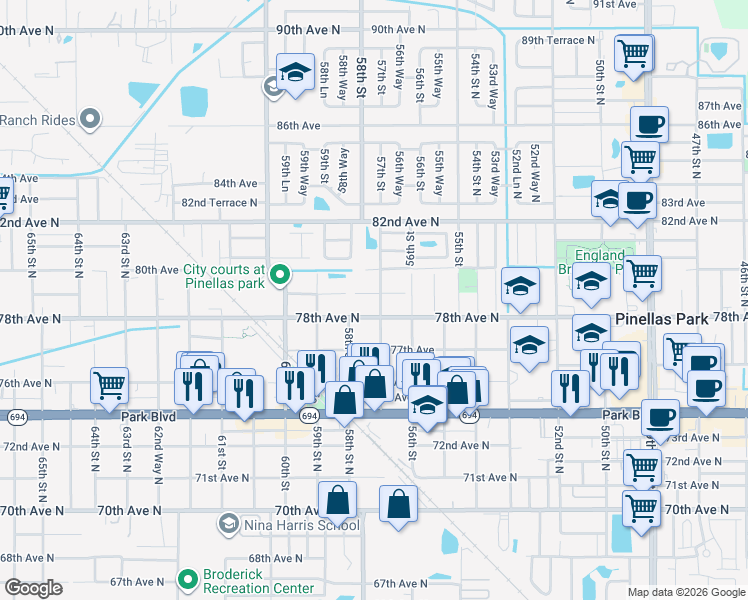 map of restaurants, bars, coffee shops, grocery stores, and more near 5695 78th Avenue North in Pinellas Park