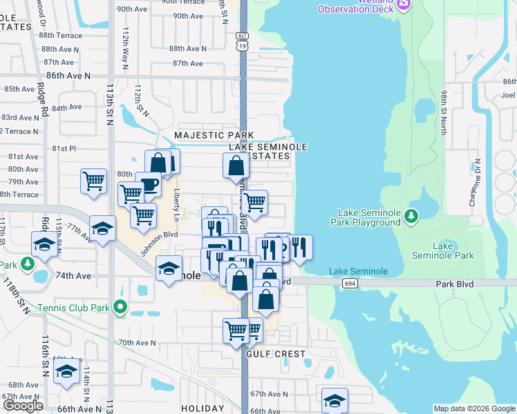 map of restaurants, bars, coffee shops, grocery stores, and more near 10673 Lake Vista Drive in Seminole