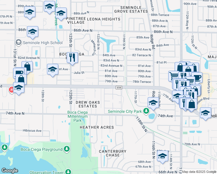 map of restaurants, bars, coffee shops, grocery stores, and more near 5 Da Gama Place in Seminole