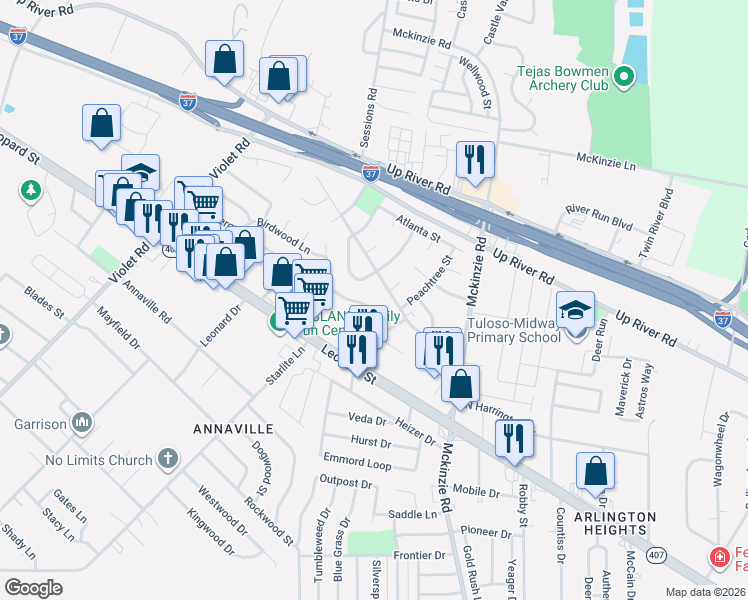 map of restaurants, bars, coffee shops, grocery stores, and more near 10710 Timbergrove Lane in Corpus Christi