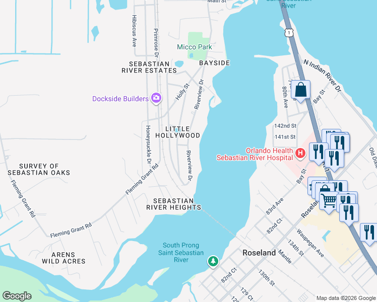map of restaurants, bars, coffee shops, grocery stores, and more near 9884 Riverview Drive in Sebastian