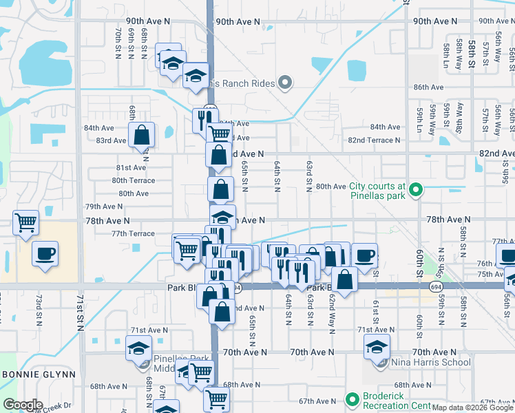 map of restaurants, bars, coffee shops, grocery stores, and more near 6458 79th Avenue North in Pinellas Park