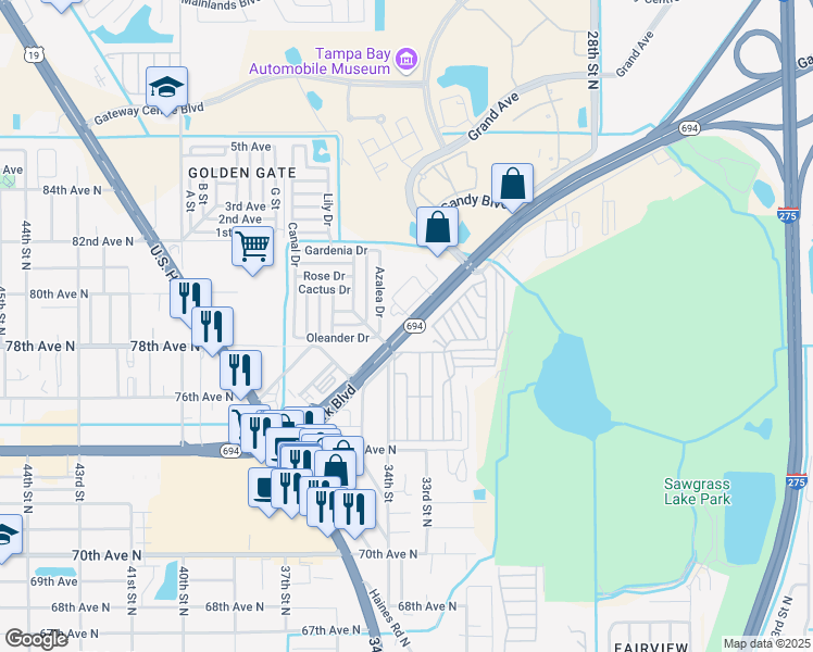 map of restaurants, bars, coffee shops, grocery stores, and more near 3333 Gandy Boulevard in Pinellas Park