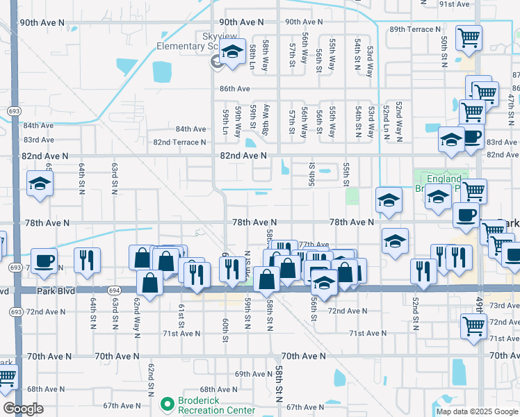 map of restaurants, bars, coffee shops, grocery stores, and more near 5842 79th Avenue in Pinellas Park