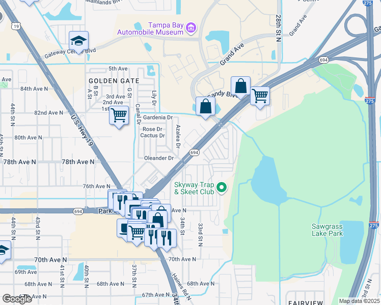 map of restaurants, bars, coffee shops, grocery stores, and more near 3333 Gandy Boulevard in Pinellas Park