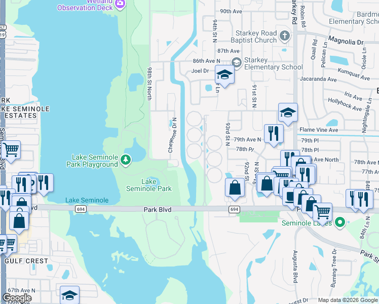 map of restaurants, bars, coffee shops, grocery stores, and more near 118 Dogwood Circle in Largo