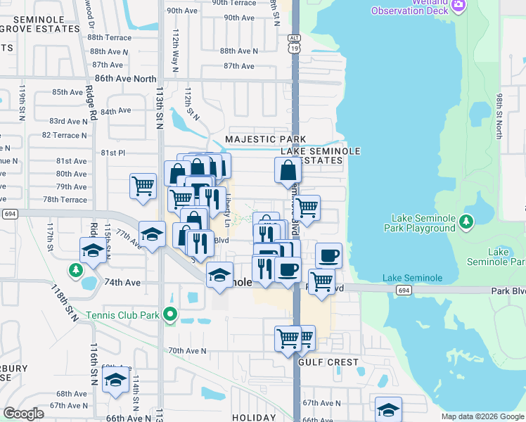 map of restaurants, bars, coffee shops, grocery stores, and more near 10801 Johnson Boulevard in Seminole