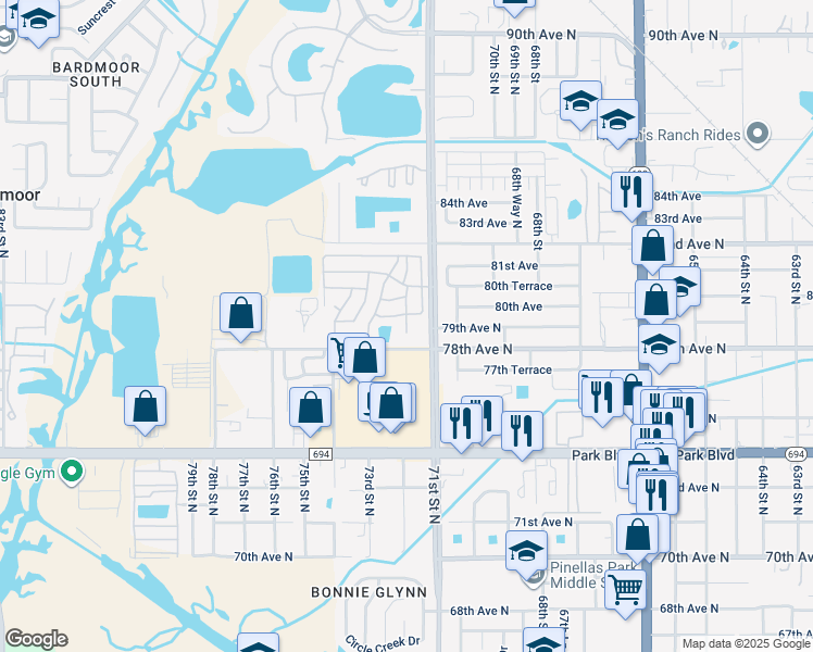 map of restaurants, bars, coffee shops, grocery stores, and more near 7341-7397 78th Ave in Pinellas Park