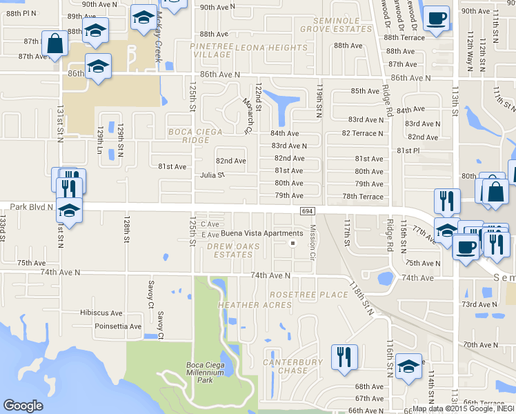 map of restaurants, bars, coffee shops, grocery stores, and more near 6952 122nd Street in Seminole