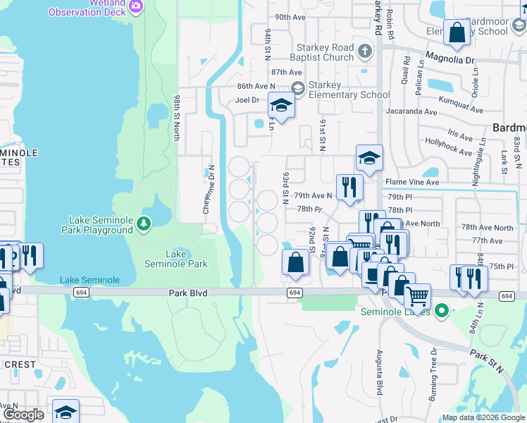 map of restaurants, bars, coffee shops, grocery stores, and more near 220 Buttonwood Circle in Seminole