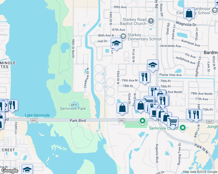map of restaurants, bars, coffee shops, grocery stores, and more near 103 Buttonwood Circle in Seminole
