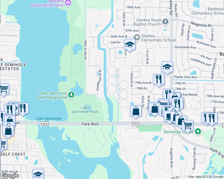 map of restaurants, bars, coffee shops, grocery stores, and more near 118 Dogwood Circle in Largo