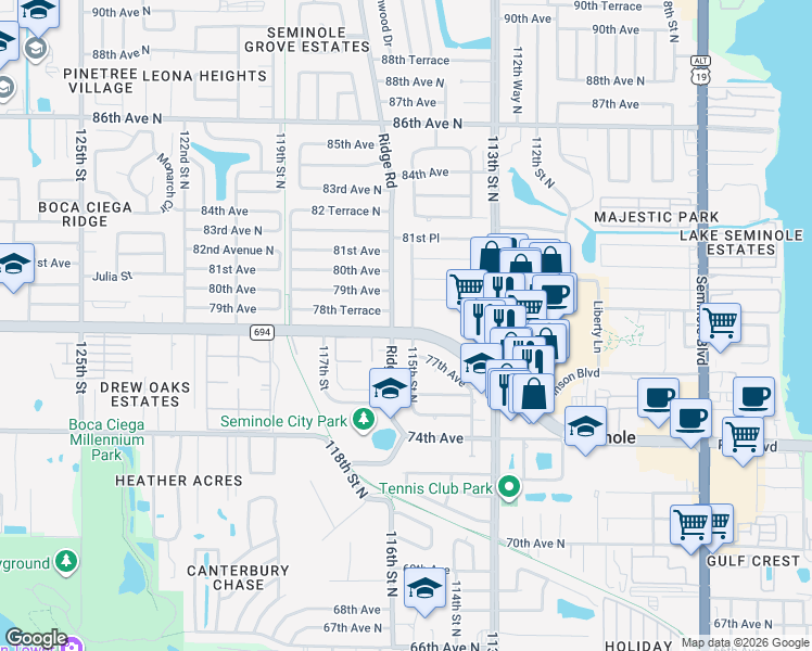 map of restaurants, bars, coffee shops, grocery stores, and more near 7800 115th Street North in Seminole