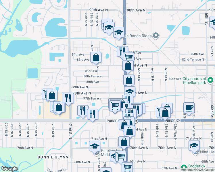 map of restaurants, bars, coffee shops, grocery stores, and more near 6699 78th Avenue North in Pinellas Park