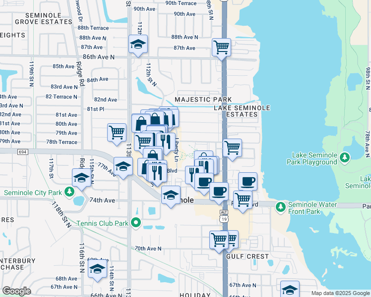 map of restaurants, bars, coffee shops, grocery stores, and more near 7800 Liberty Lane in Seminole