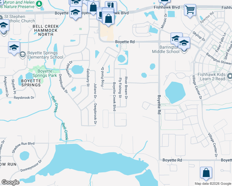 map of restaurants, bars, coffee shops, grocery stores, and more near 10430 Boyette Creek Boulevard in Riverview