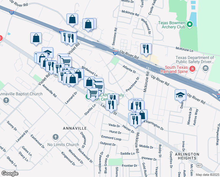 map of restaurants, bars, coffee shops, grocery stores, and more near 3108 Vicksburg Street in Corpus Christi