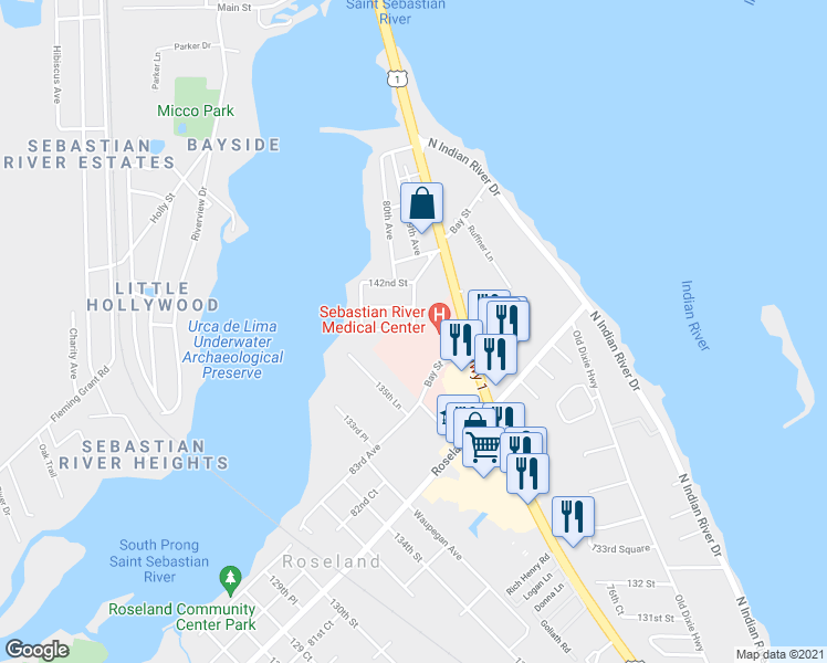 map of restaurants, bars, coffee shops, grocery stores, and more near 4948 140th Street in Sebastian