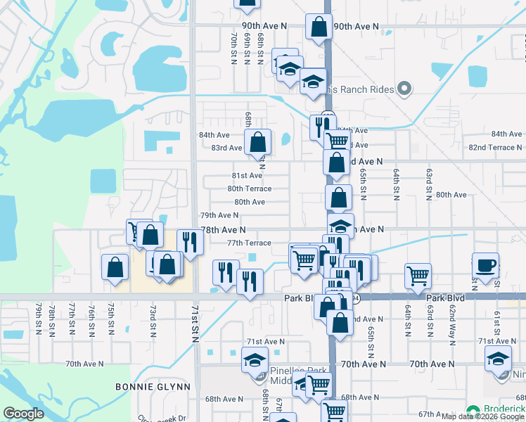 map of restaurants, bars, coffee shops, grocery stores, and more near 6793 80th Avenue in Pinellas Park