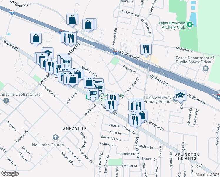 map of restaurants, bars, coffee shops, grocery stores, and more near 3108 Vicksburg Street in Corpus Christi