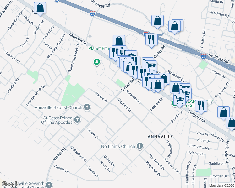 map of restaurants, bars, coffee shops, grocery stores, and more near 4229 Violet Road in Corpus Christi