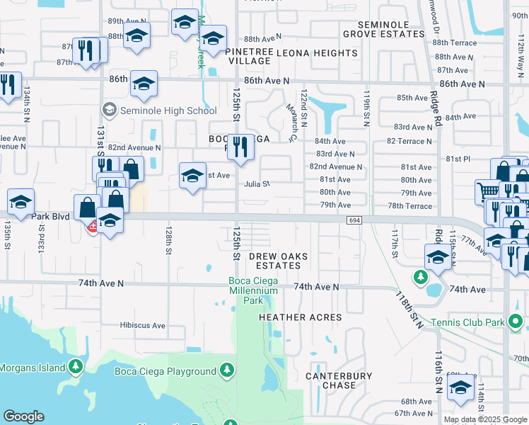 map of restaurants, bars, coffee shops, grocery stores, and more near 12401 Rose Street in Seminole