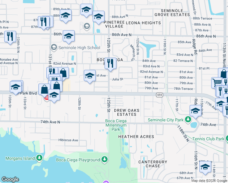 map of restaurants, bars, coffee shops, grocery stores, and more near 12401 Rose Street in Seminole