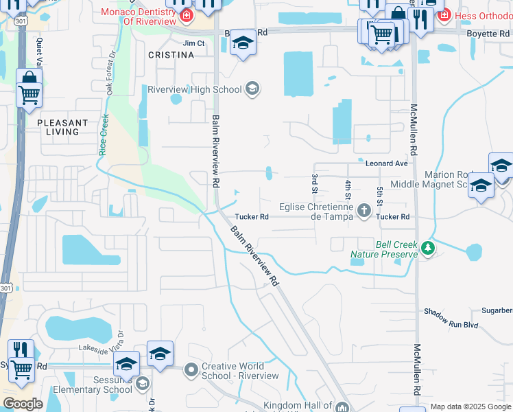 map of restaurants, bars, coffee shops, grocery stores, and more near 10803 1st Street in Riverview