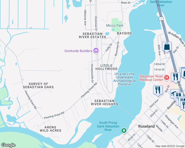 map of restaurants, bars, coffee shops, grocery stores, and more near 9870 Primrose Drive in Micco