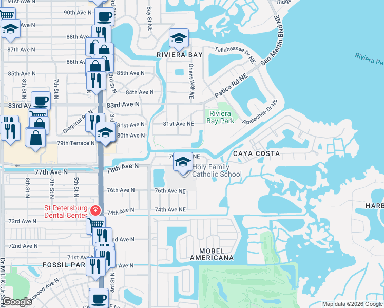 map of restaurants, bars, coffee shops, grocery stores, and more near 8000 Macoma Drive Northeast in St. Petersburg