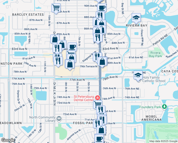 map of restaurants, bars, coffee shops, grocery stores, and more near 596 79th Terrace North in St. Petersburg