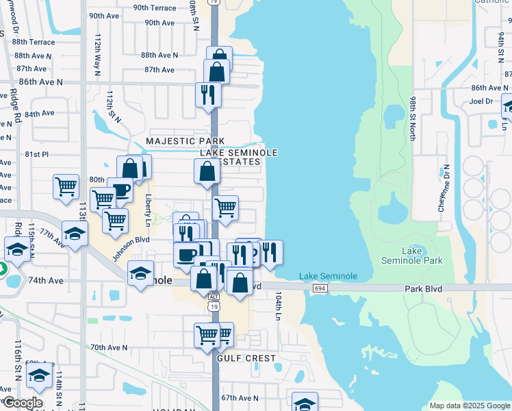map of restaurants, bars, coffee shops, grocery stores, and more near 7903 Seminole Boulevard in Seminole
