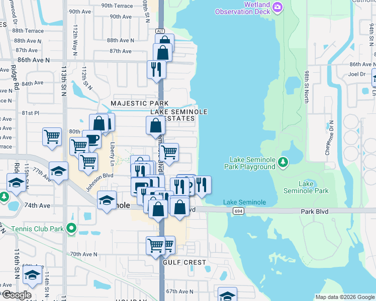 map of restaurants, bars, coffee shops, grocery stores, and more near 7903 Seminole Boulevard in Seminole