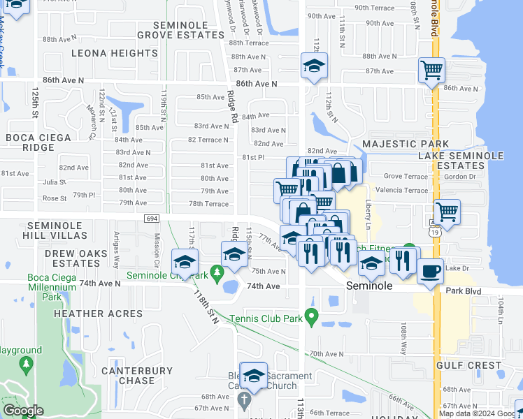 map of restaurants, bars, coffee shops, grocery stores, and more near 7899 115th Street North in Seminole