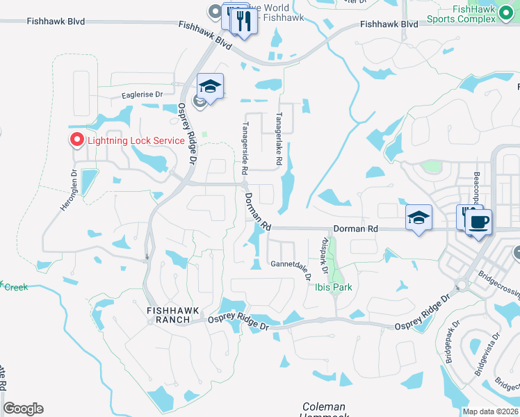 map of restaurants, bars, coffee shops, grocery stores, and more near 15452 Osprey Glen Drive in Fish Hawk