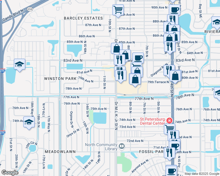 map of restaurants, bars, coffee shops, grocery stores, and more near 1100 79th Avenue North in St. Petersburg