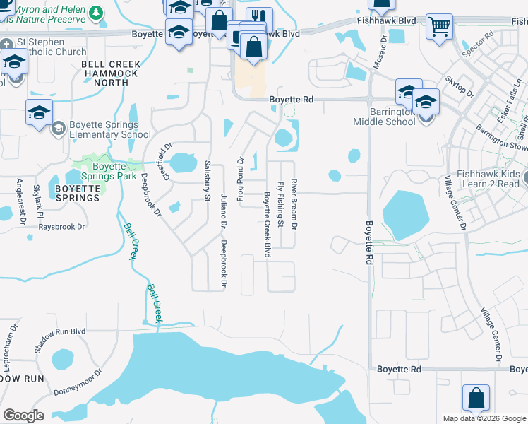 map of restaurants, bars, coffee shops, grocery stores, and more near 10437 Frog Pond Drive in Riverview